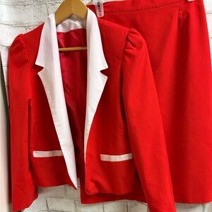 Vintage Red Contrast-Trim Women's Two Piece Suit Skirt & Jacket
